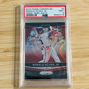 RONALD ACUNA JR 2018 Panini Prizm Ruby Wave Refractor RC /199 Graded PSA 9 Mint